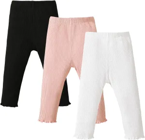 SOBOWO Baby Girl Leggings Pants Toddler Girls Solid Ribbed Pants 3 Pack Ruffle Bottoms Trouser Fall Winter Clothes 9M-3T