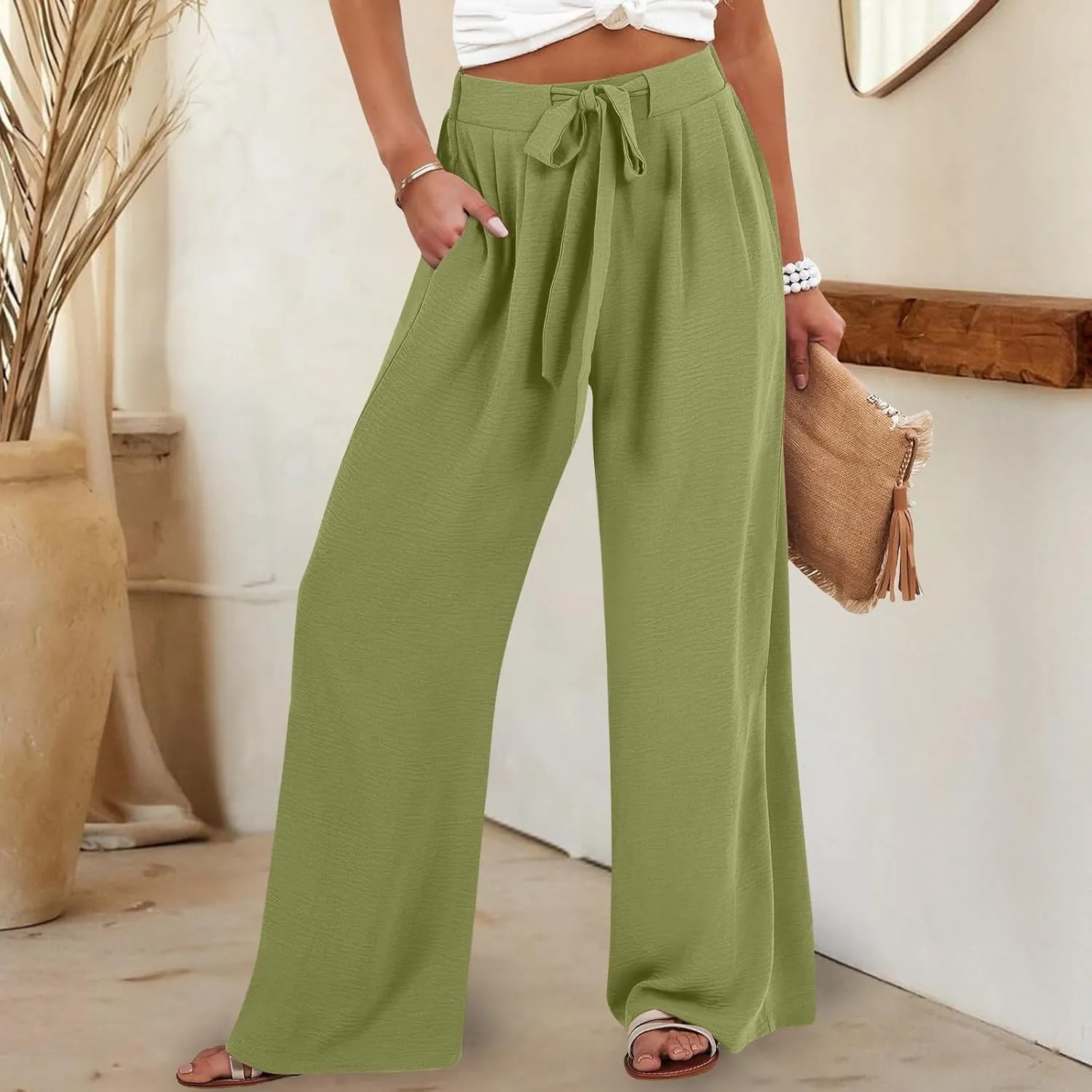 Solid Cotton Linen Pants for Women Wide Leg Drawstring Elastic High Waist Pant Casual Summer Relax Trousers