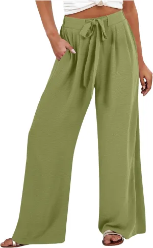 Solid Cotton Linen Pants for Women Wide Leg Drawstring Elastic High Waist Pant Casual Summer Relax Trousers