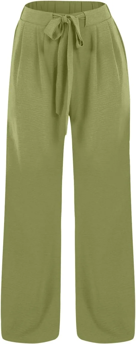 Solid Cotton Linen Pants for Women Wide Leg Drawstring Elastic High Waist Pant Casual Summer Relax Trousers