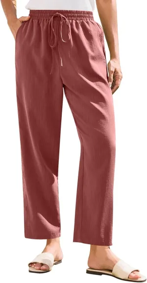 Solid Pants for Women Cotton Drawstring Elastic High Waist Pant Summer Work Vacation Trousers with Pockets