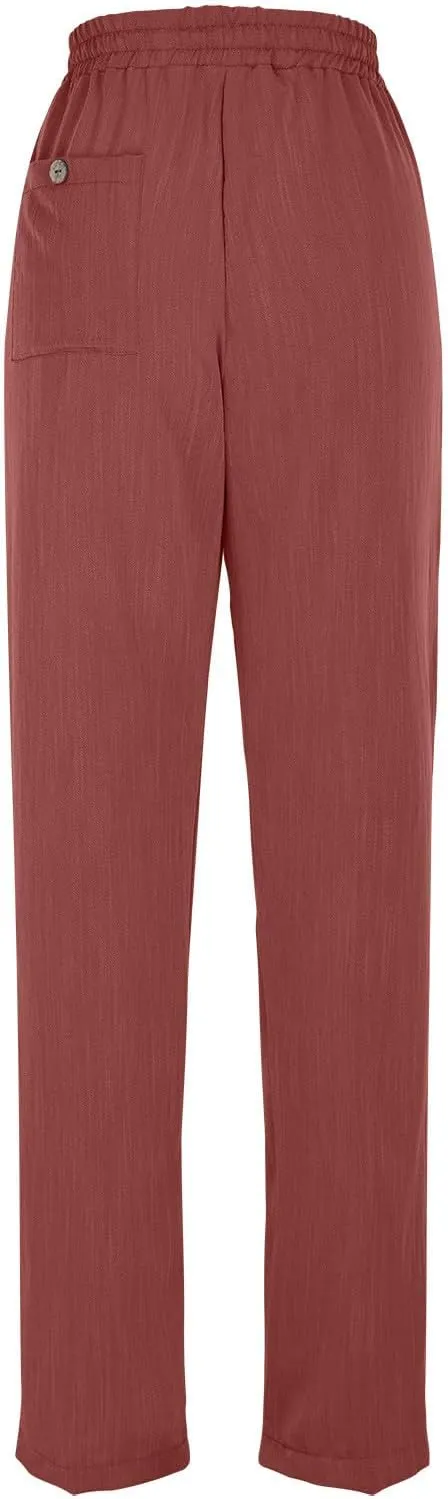 Solid Pants for Women Cotton Drawstring Elastic High Waist Pant Summer Work Vacation Trousers with Pockets