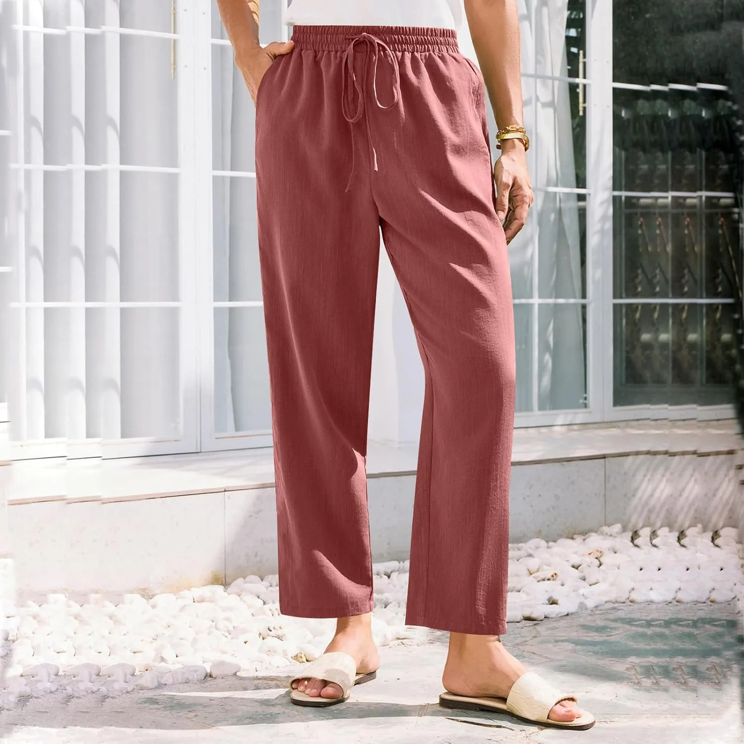 Solid Pants for Women Cotton Drawstring Elastic High Waist Pant Summer Work Vacation Trousers with Pockets