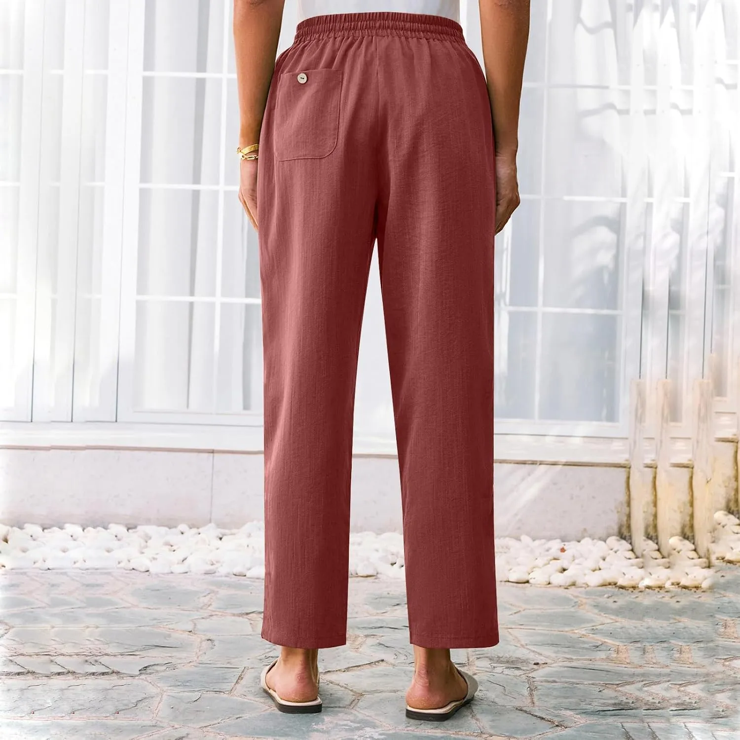 Solid Pants for Women Cotton Drawstring Elastic High Waist Pant Summer Work Vacation Trousers with Pockets
