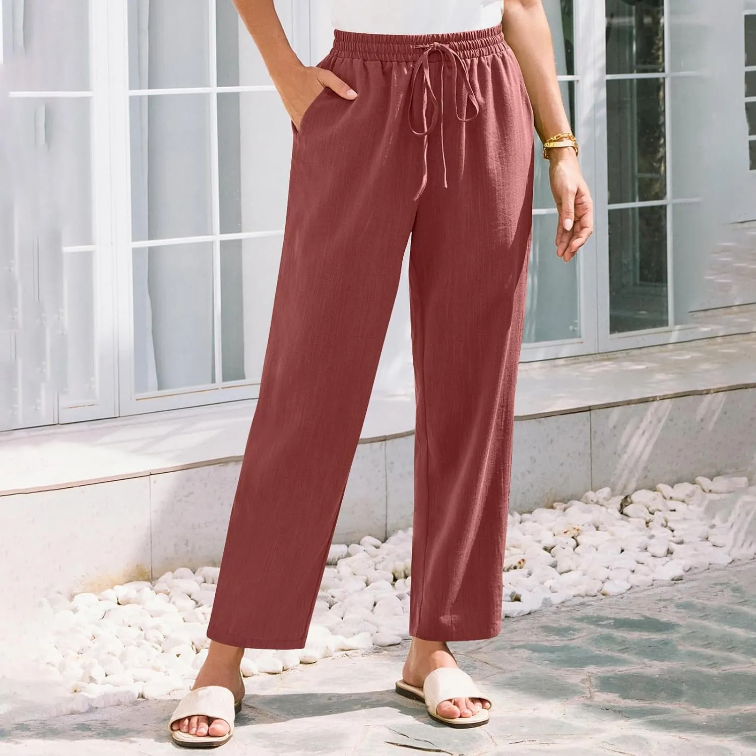 Solid Pants for Women Cotton Drawstring Elastic High Waist Pant Summer Work Vacation Trousers with Pockets