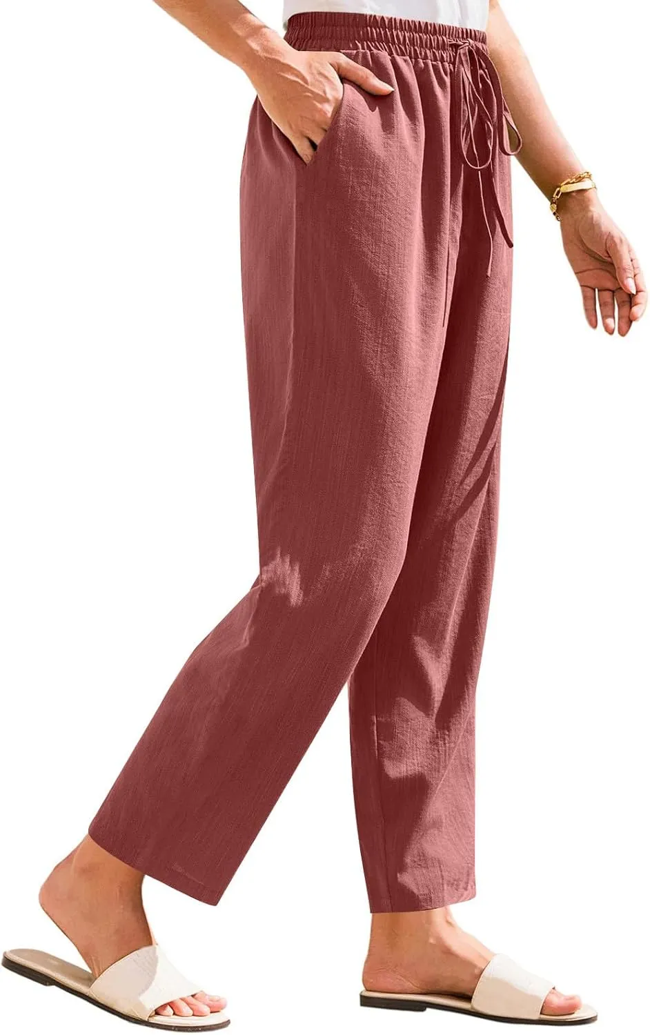 Solid Pants for Women Cotton Drawstring Elastic High Waist Pant Summer Work Vacation Trousers with Pockets