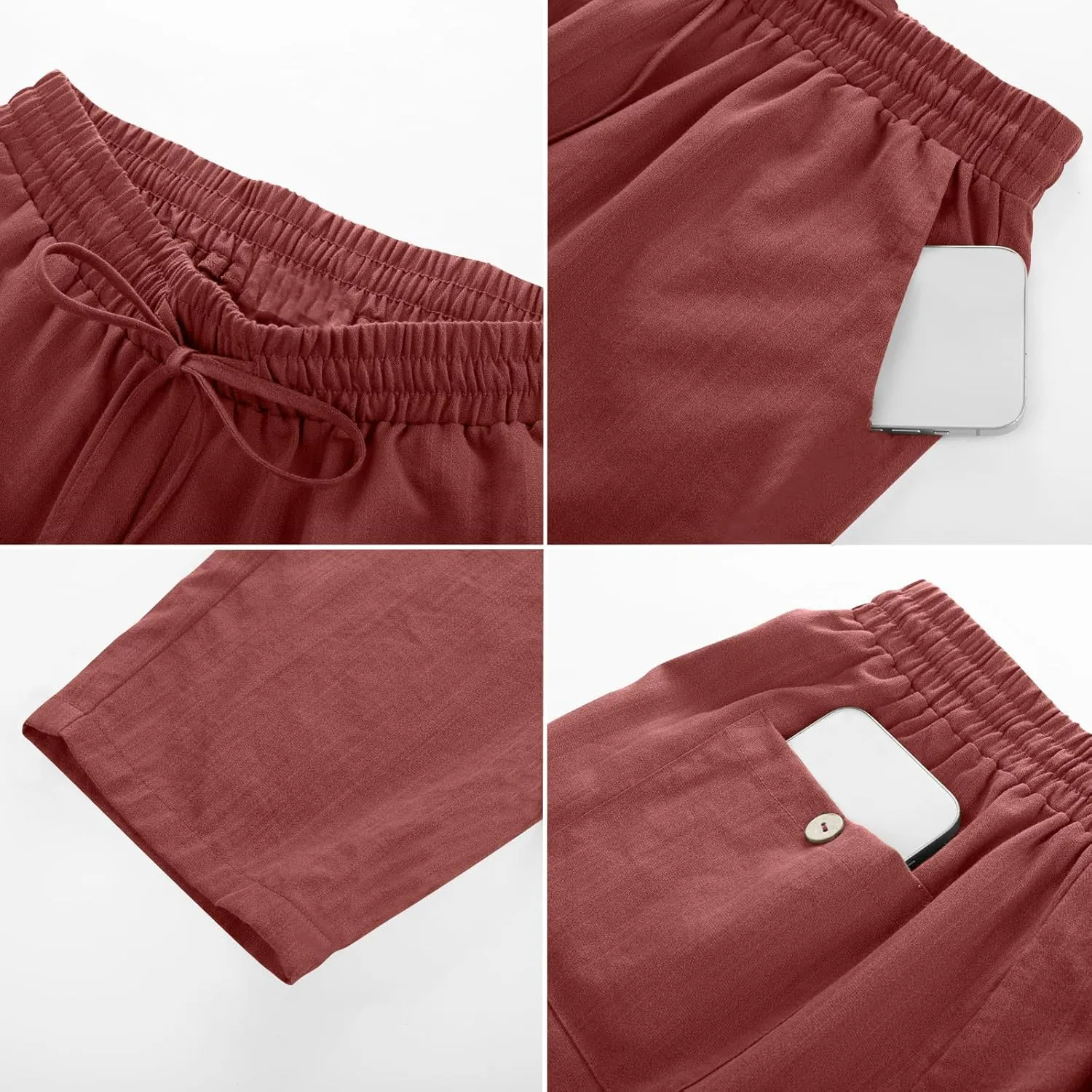 Solid Pants for Women Cotton Drawstring Elastic High Waist Pant Summer Work Vacation Trousers with Pockets