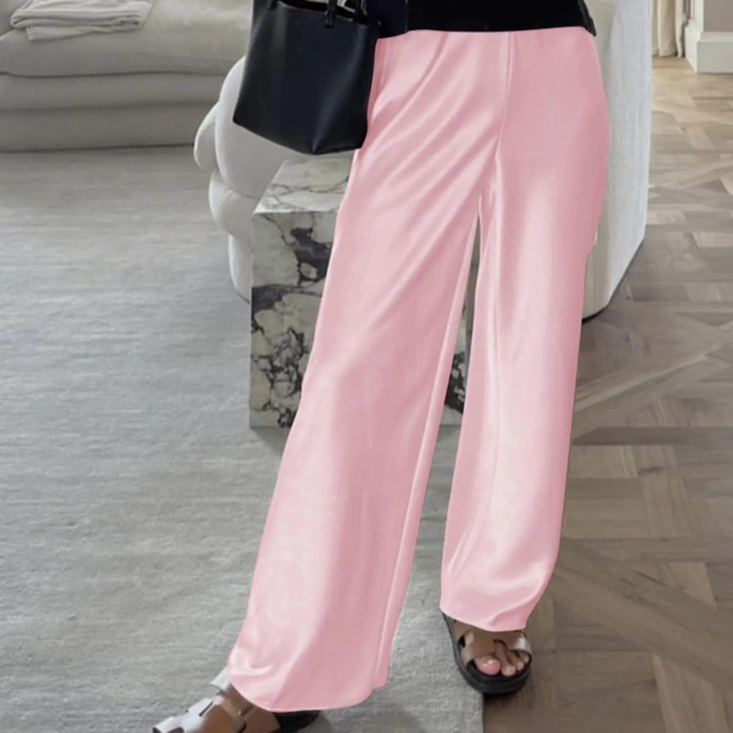 SOLILOQUY Women Y2K Satin Wide Leg Pants Casual Elastic High Waist Solid Loose Fit Lounge Pants Office Ladies Work Trousers
