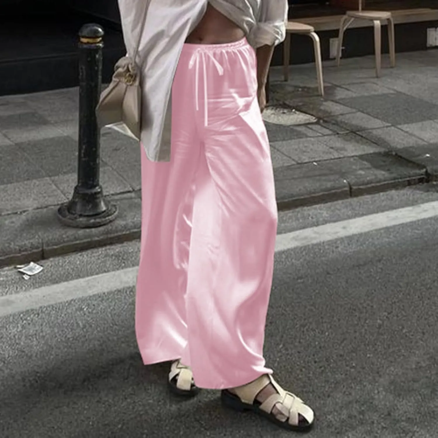 SOLILOQUY Women Y2K Satin Wide Leg Pants Casual Elastic High Waist Solid Loose Fit Lounge Pants Office Ladies Work Trousers
