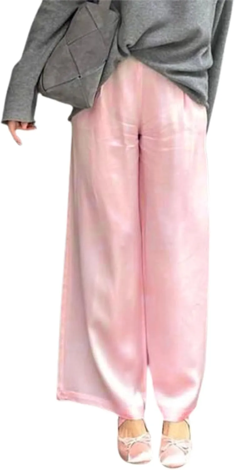 SOLILOQUY Women Y2K Satin Wide Leg Pants Casual Elastic High Waist Solid Loose Fit Lounge Pants Office Ladies Work Trousers