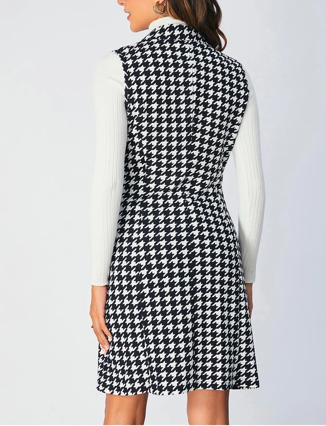 SOLY HUX Women's Plaid Houndstooth Print Blazer Long Vest Top Sleeveless Cardigan Jacket