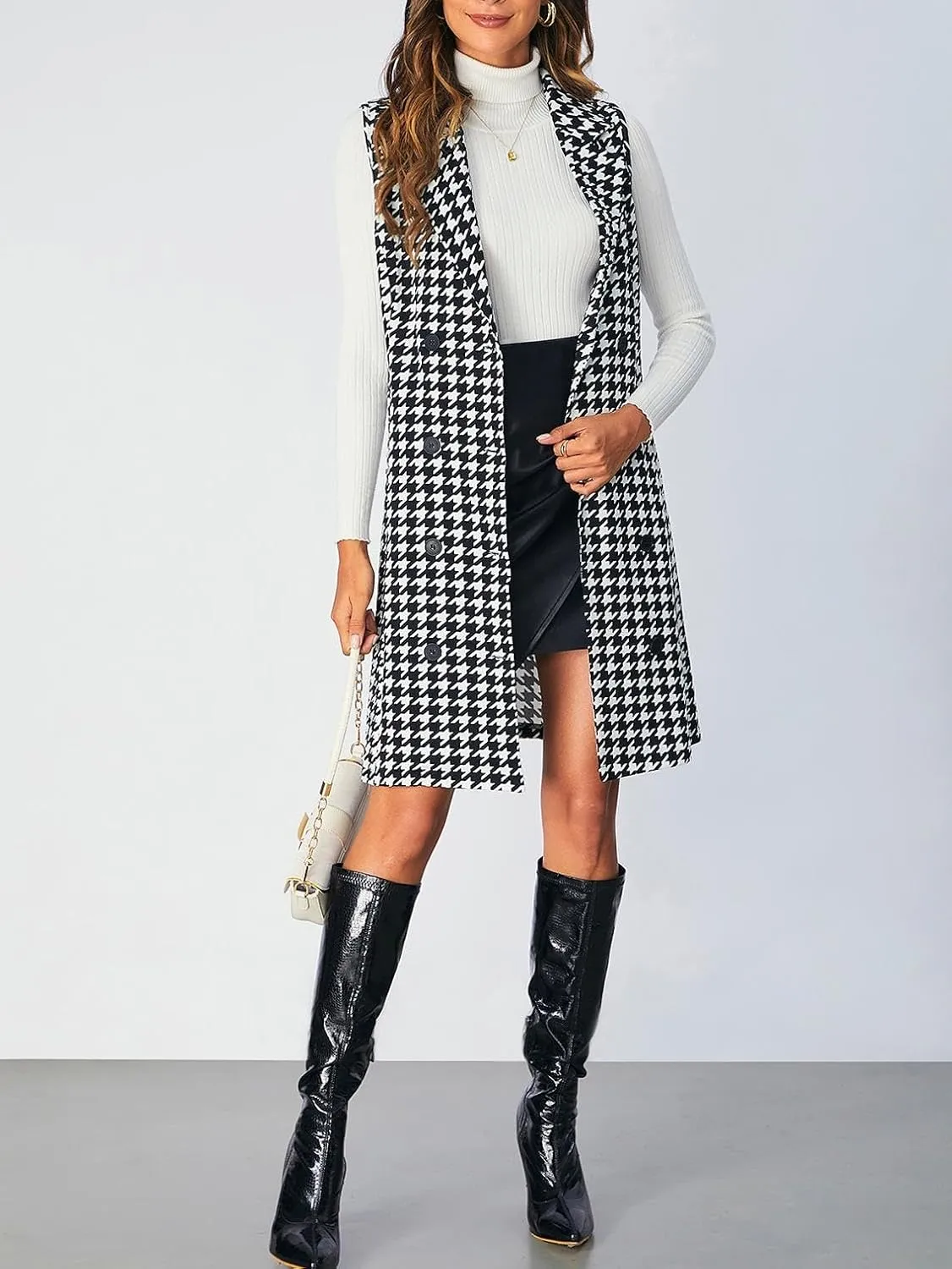 SOLY HUX Women's Plaid Houndstooth Print Blazer Long Vest Top Sleeveless Cardigan Jacket