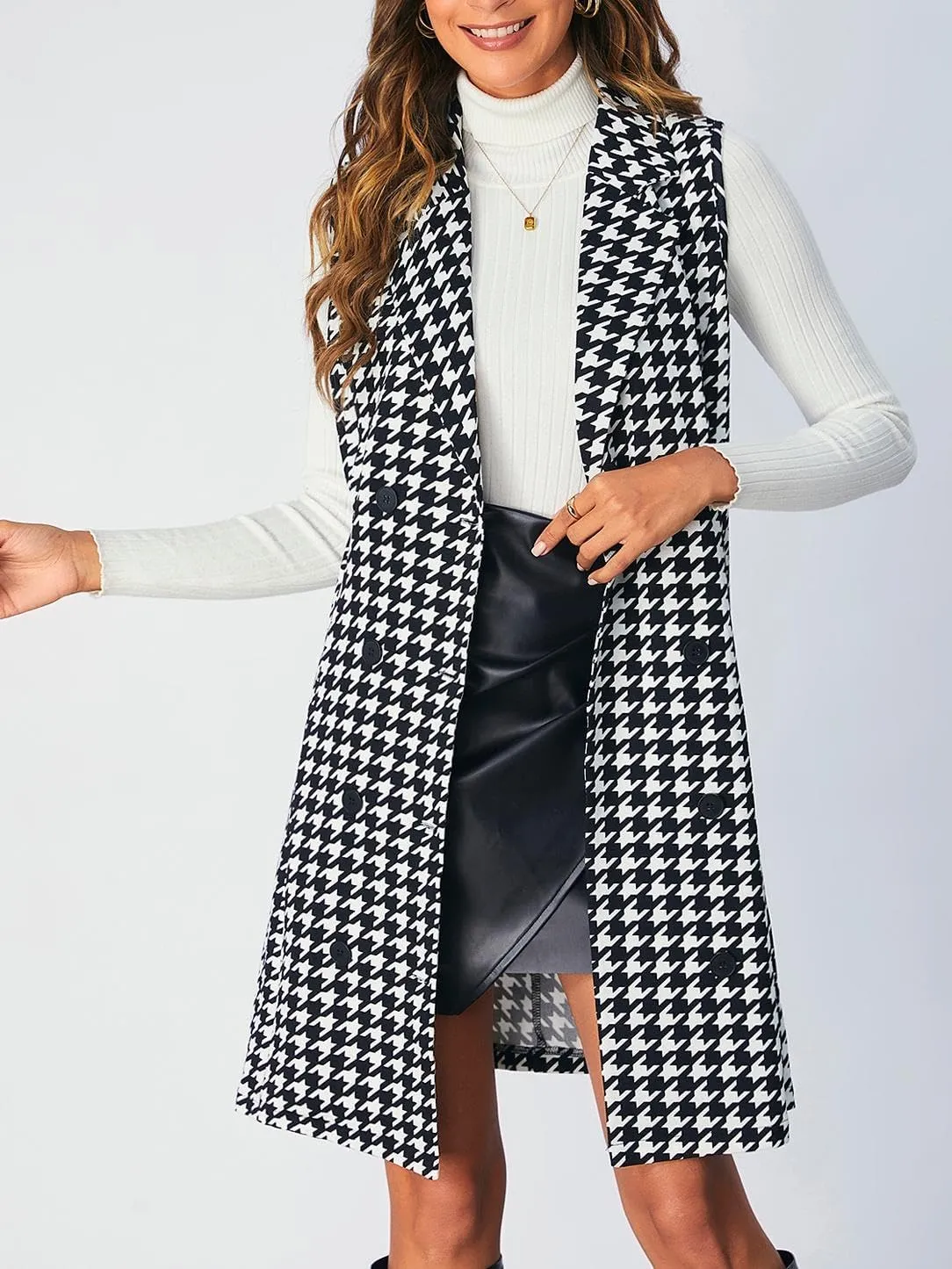 SOLY HUX Women's Plaid Houndstooth Print Blazer Long Vest Top Sleeveless Cardigan Jacket