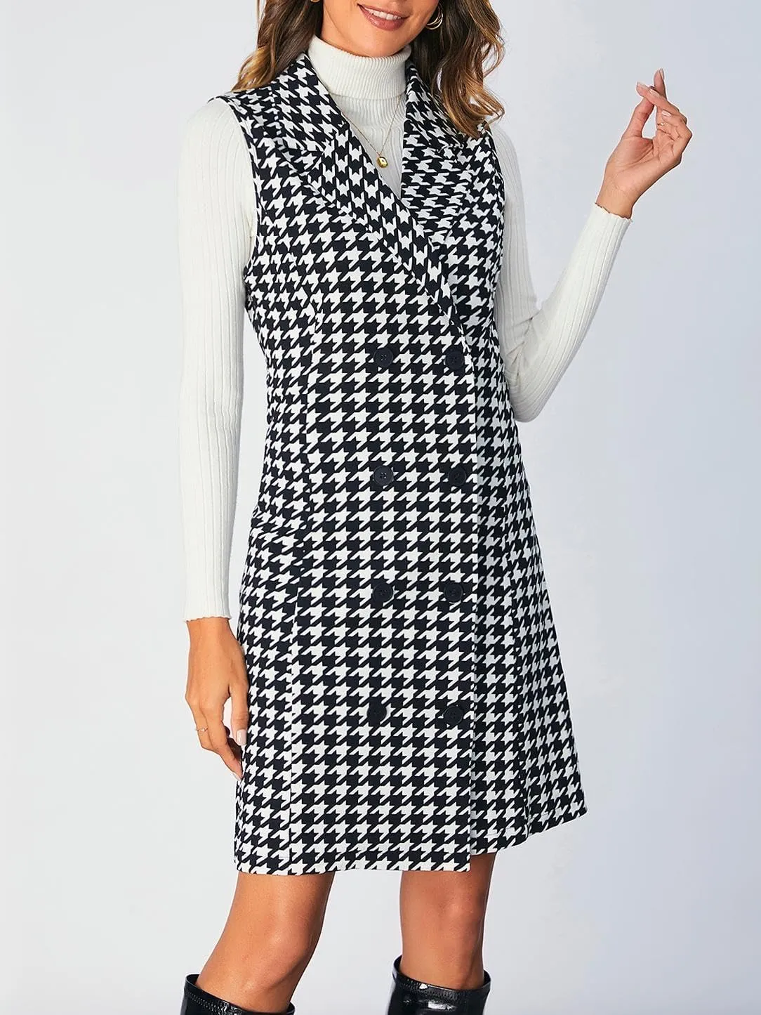 SOLY HUX Women's Plaid Houndstooth Print Blazer Long Vest Top Sleeveless Cardigan Jacket