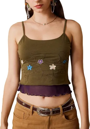 SOLY HUX Women's Y2k Floral Embroidery Spaghetti Strap Cami Crop Top Summer Tops