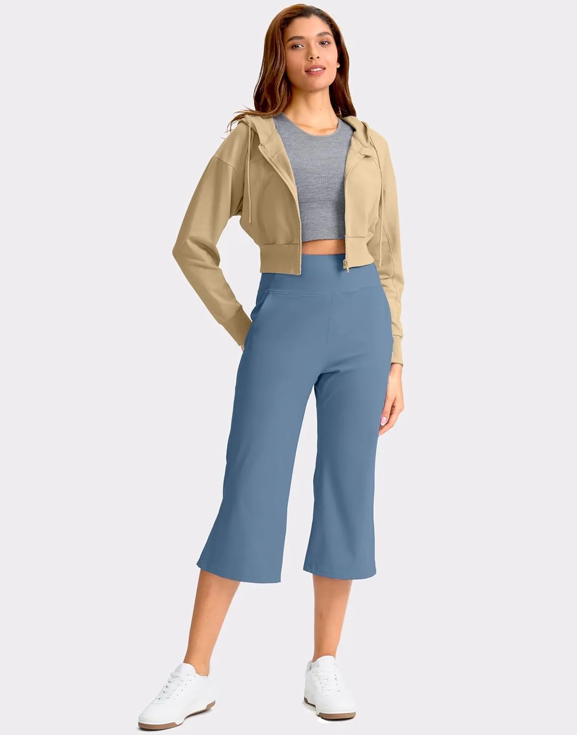 Soothfeel Capri Pants for Women Wide Leg Yoga Pants with Pockets High Waist Casual Dress Crop Pants