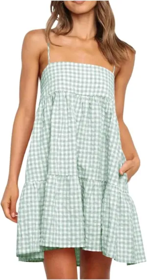 Spaghetti Strap Dresses for Women Summer Sleeveless Plaid Mini Dress Casual Loose Flowy Vacation Dress with Pockets