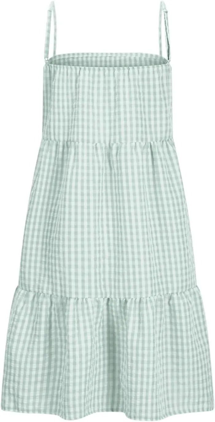 Spaghetti Strap Dresses for Women Summer Sleeveless Plaid Mini Dress Casual Loose Flowy Vacation Dress with Pockets