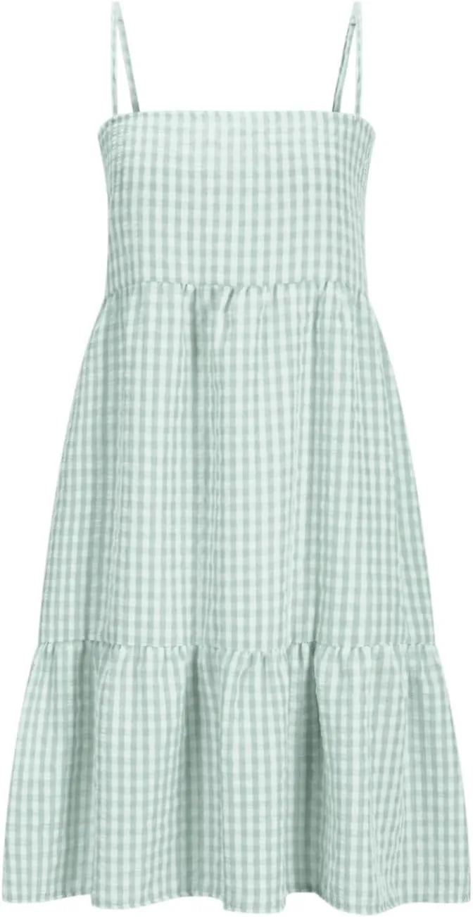 Spaghetti Strap Dresses for Women Summer Sleeveless Plaid Mini Dress Casual Loose Flowy Vacation Dress with Pockets