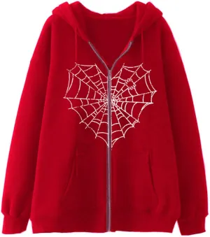Spider Web Love Heart Hoodie Men Women, Full Zip Up Graphic Print Y2k Hoodies Oversized Jackets