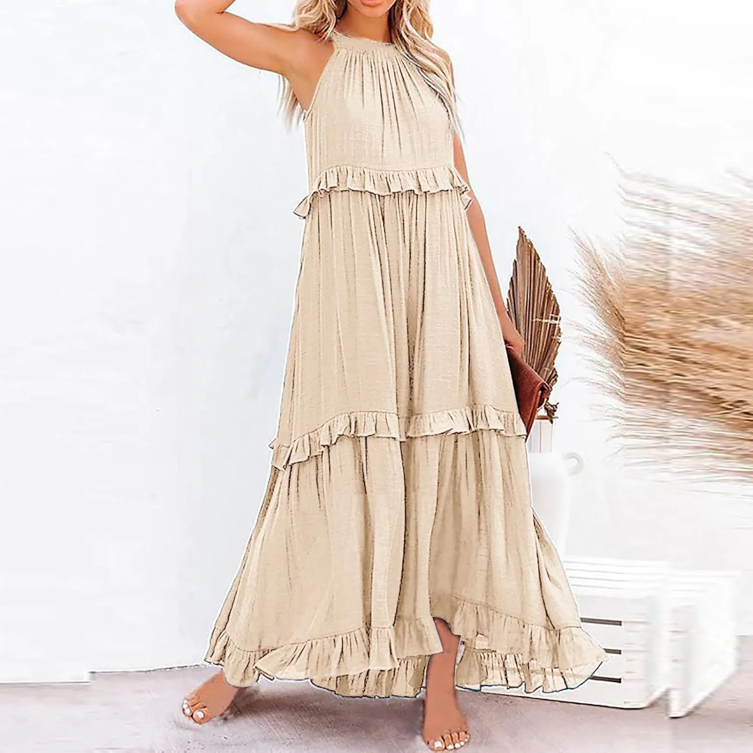 Spring Dresses for Women 2025, Womens Summer Dress Sleeveless Halter Layered Ruffles Casual Boho Flowy Maxi Dress