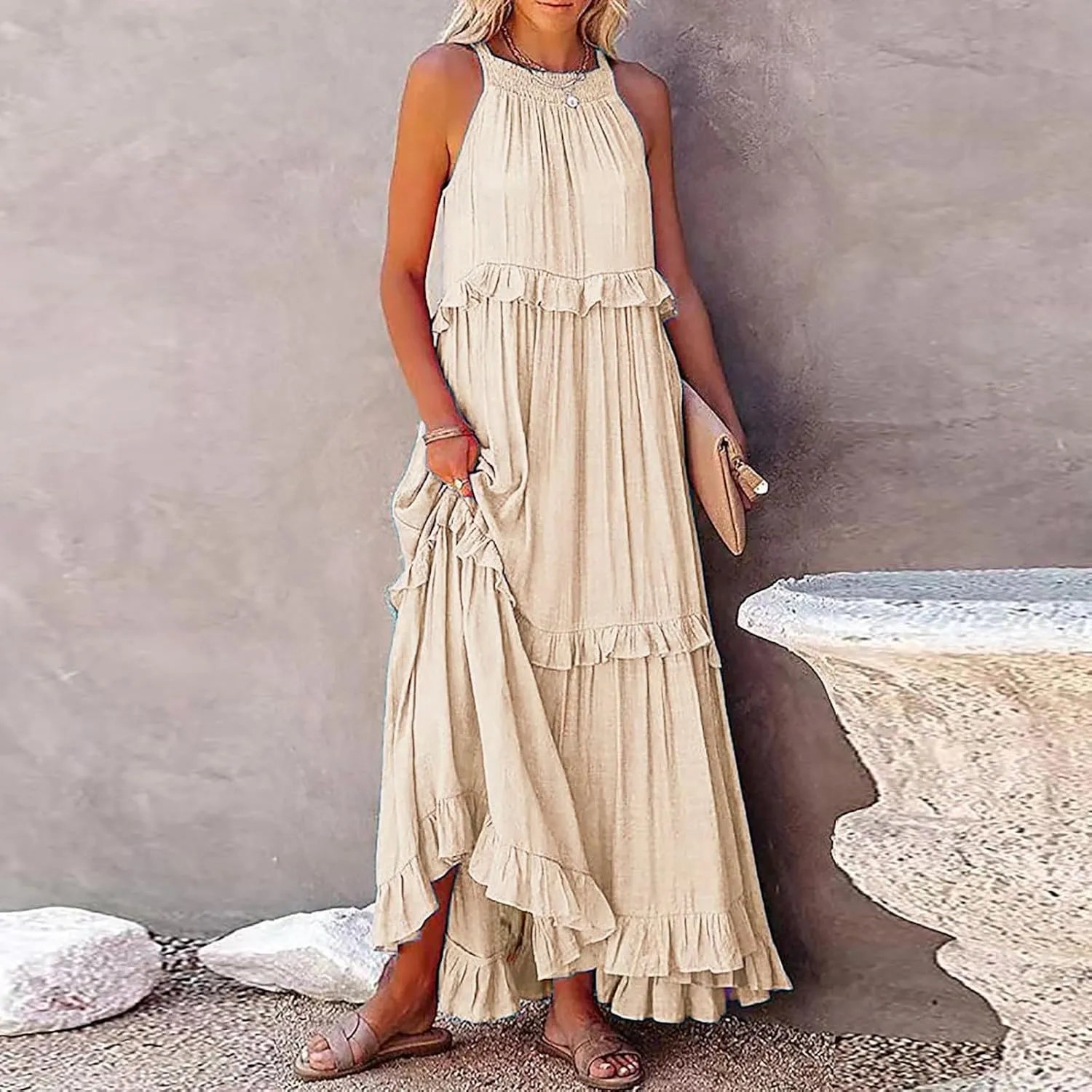 Spring Dresses for Women 2025, Womens Summer Dress Sleeveless Halter Layered Ruffles Casual Boho Flowy Maxi Dress
