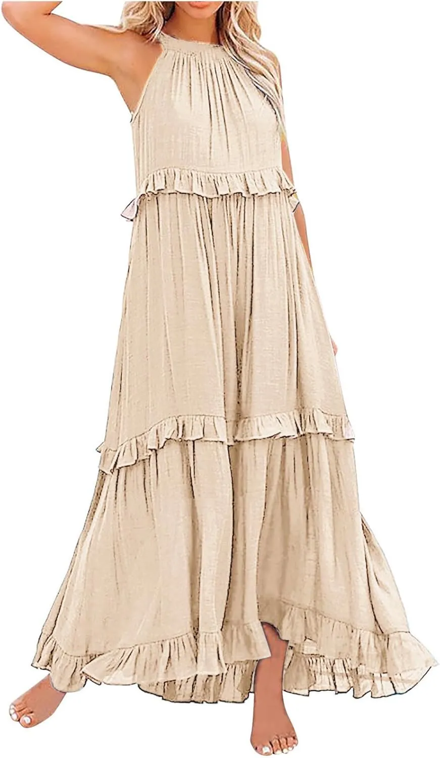 Spring Dresses for Women 2025, Womens Summer Dress Sleeveless Halter Layered Ruffles Casual Boho Flowy Maxi Dress