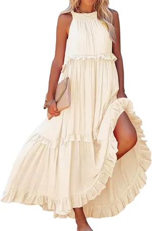 Spring Dresses for Women 2025, Womens Summer Dress Sleeveless Halter Layered Ruffles Casual Boho Flowy Maxi Dress