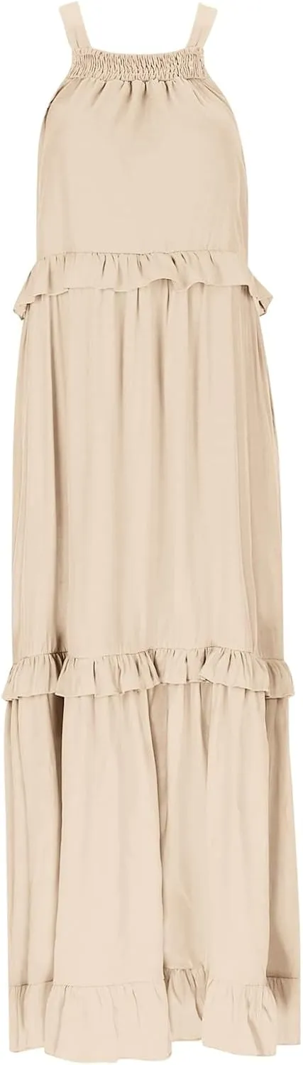 Spring Dresses for Women 2025, Womens Summer Dress Sleeveless Halter Layered Ruffles Casual Boho Flowy Maxi Dress