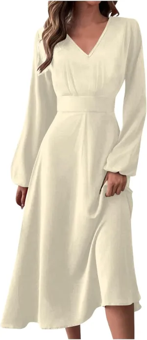 Spring Dresses for Women 2025,Women's 2025 Midi Dress Casual Long Sleeve V Neck Solid Color A Line Flowy Dresses