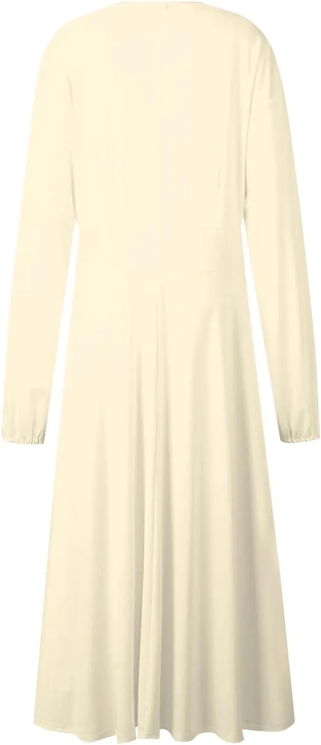 Spring Dresses for Women 2025,Women's 2025 Midi Dress Casual Long Sleeve V Neck Solid Color A Line Flowy Dresses