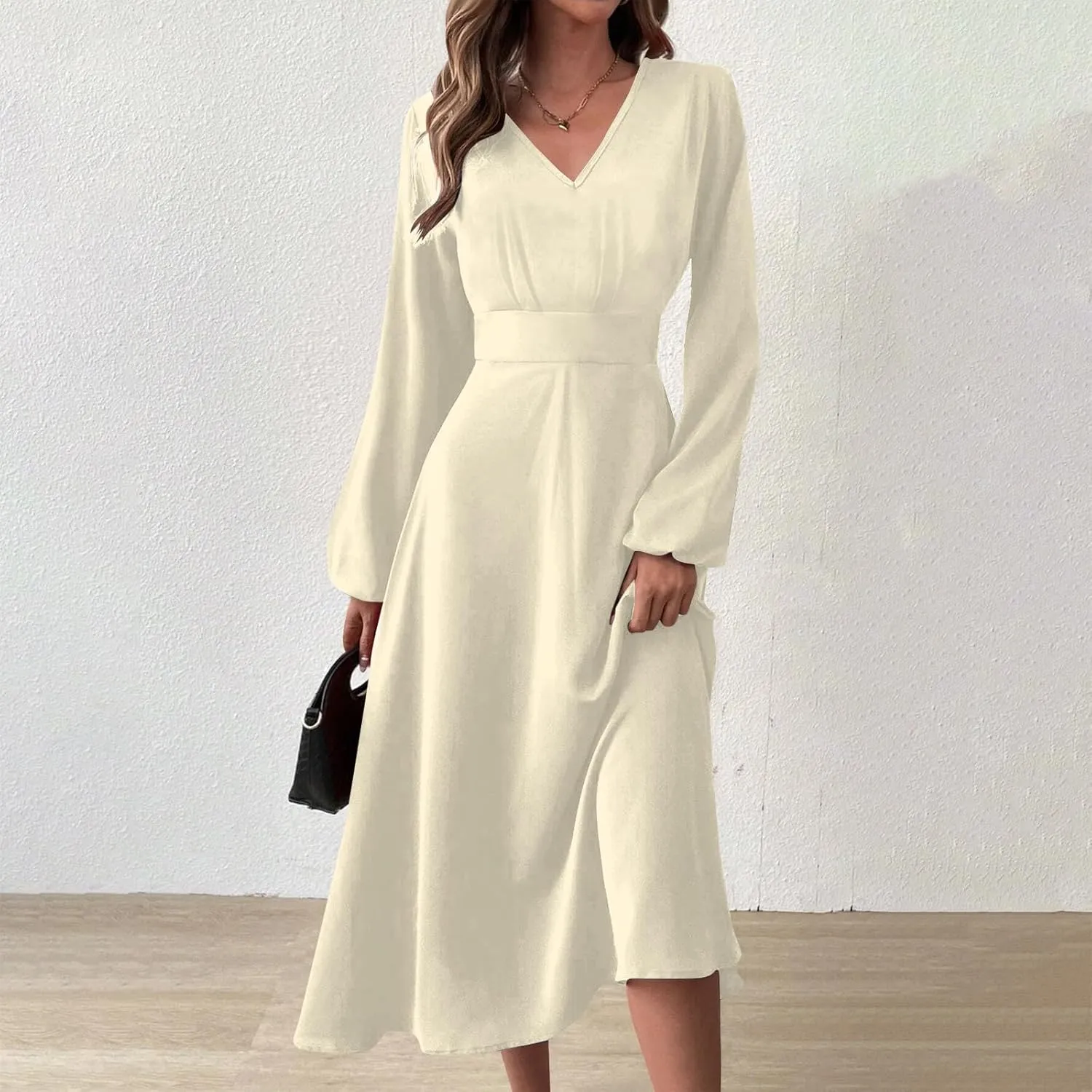 Spring Dresses for Women 2025,Women's 2025 Midi Dress Casual Long Sleeve V Neck Solid Color A Line Flowy Dresses