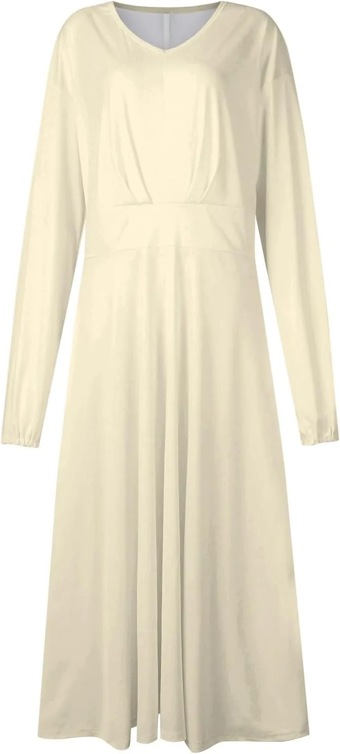Spring Dresses for Women 2025,Women's 2025 Midi Dress Casual Long Sleeve V Neck Solid Color A Line Flowy Dresses
