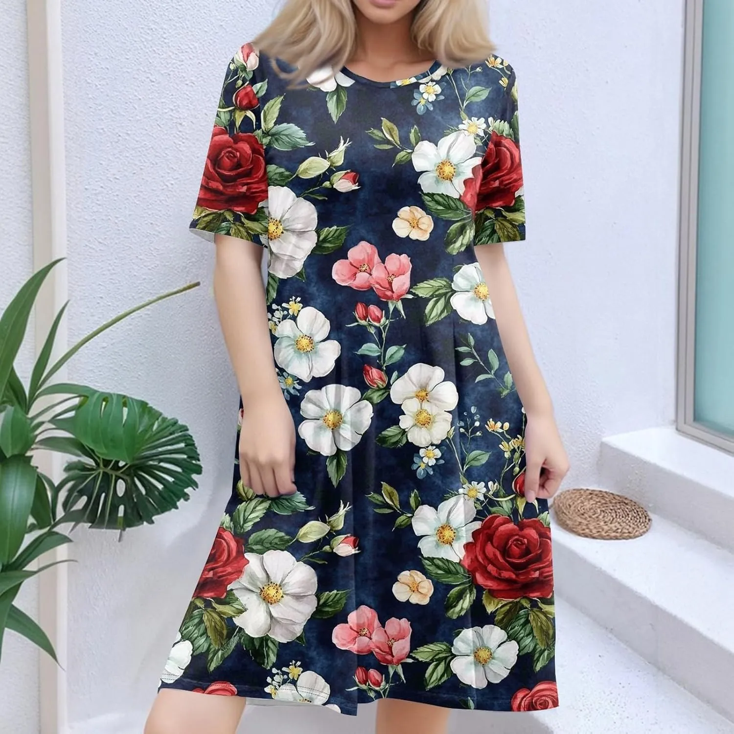 Spring Dresses for Women Floral Beach Round Neck Dresses Short Sleeve T Shirt Sundresses with Pockets 2025 Hawaiian Vacation