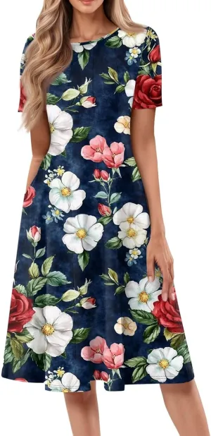 Spring Dresses for Women Floral Beach Round Neck Dresses Short Sleeve T Shirt Sundresses with Pockets 2025 Hawaiian Vacation