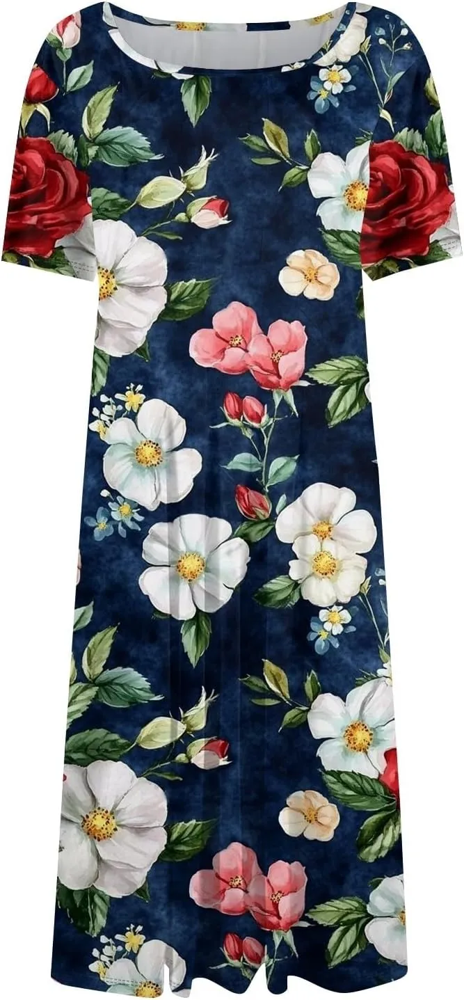 Spring Dresses for Women Floral Beach Round Neck Dresses Short Sleeve T Shirt Sundresses with Pockets 2025 Hawaiian Vacation