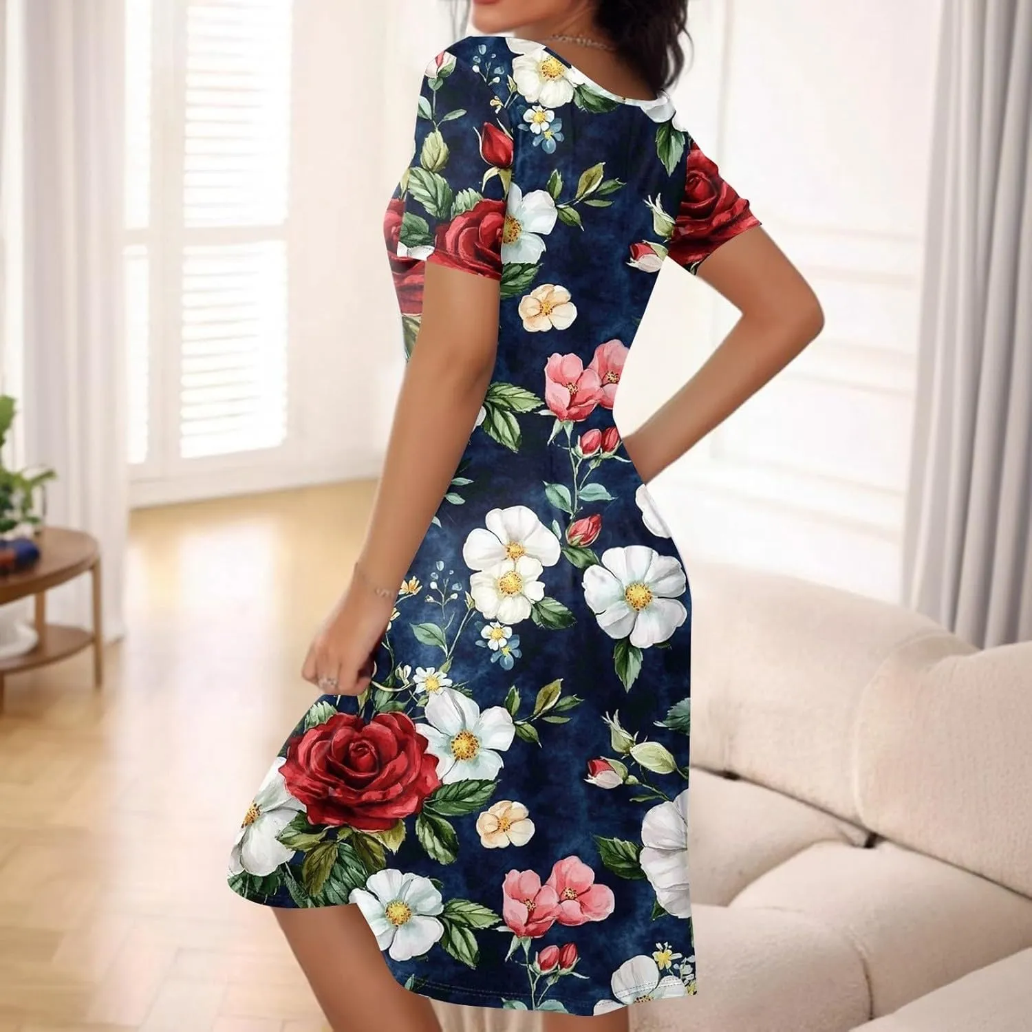 Spring Dresses for Women Floral Beach Round Neck Dresses Short Sleeve T Shirt Sundresses with Pockets 2025 Hawaiian Vacation