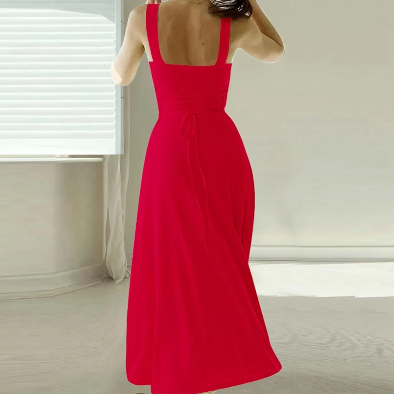 Spring Dresses for Women, Womens 2025 Trendy Casual Tank Dresses Square Neck Sleeveless Drawstring A Line Midi Sundress
