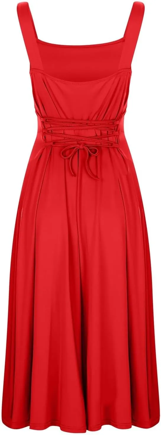 Spring Dresses for Women, Womens 2025 Trendy Casual Tank Dresses Square Neck Sleeveless Drawstring A Line Midi Sundress