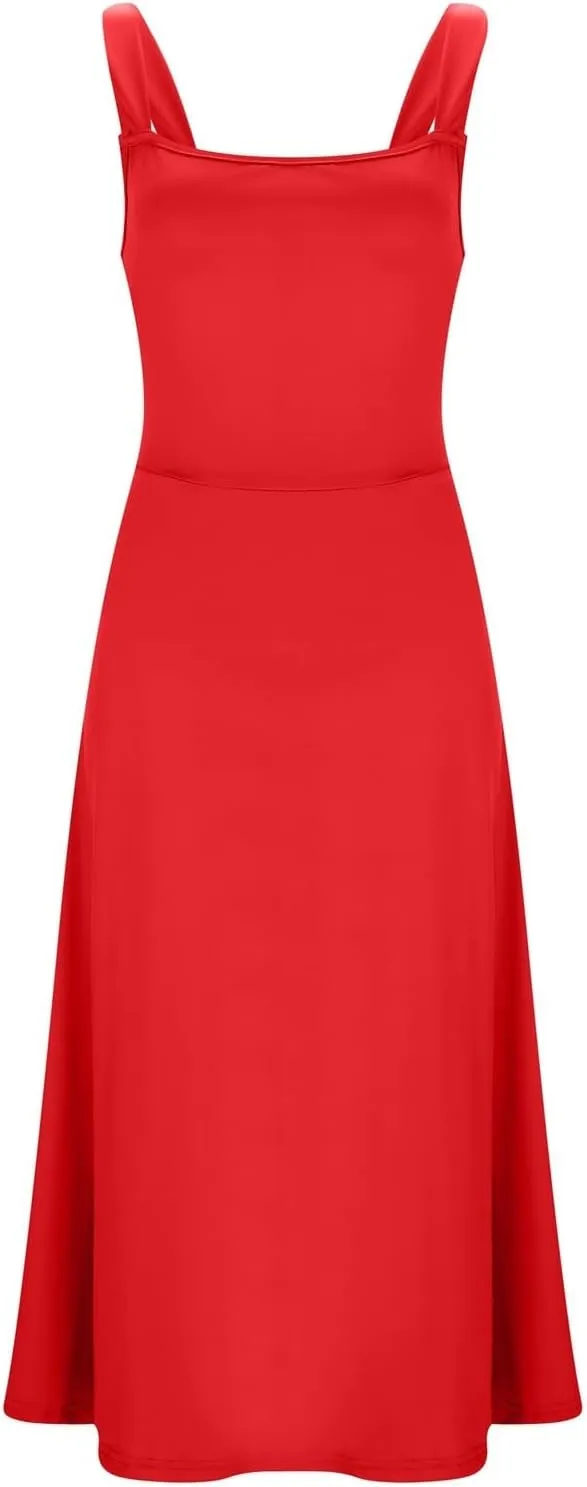 Spring Dresses for Women, Womens 2025 Trendy Casual Tank Dresses Square Neck Sleeveless Drawstring A Line Midi Sundress