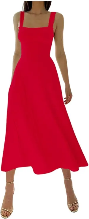 Spring Dresses for Women, Womens 2025 Trendy Casual Tank Dresses Square Neck Sleeveless Drawstring A Line Midi Sundress