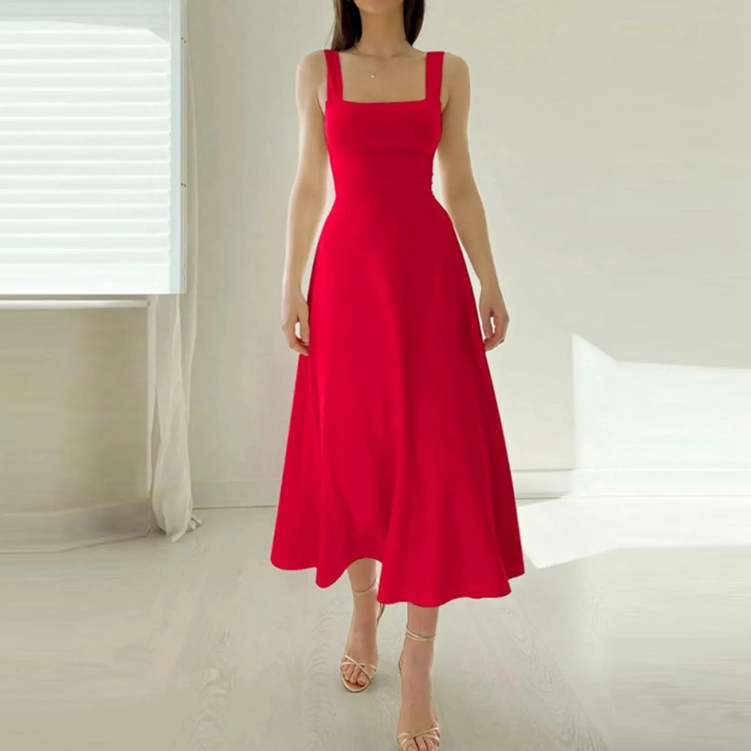 Spring Dresses for Women, Womens 2025 Trendy Casual Tank Dresses Square Neck Sleeveless Drawstring A Line Midi Sundress