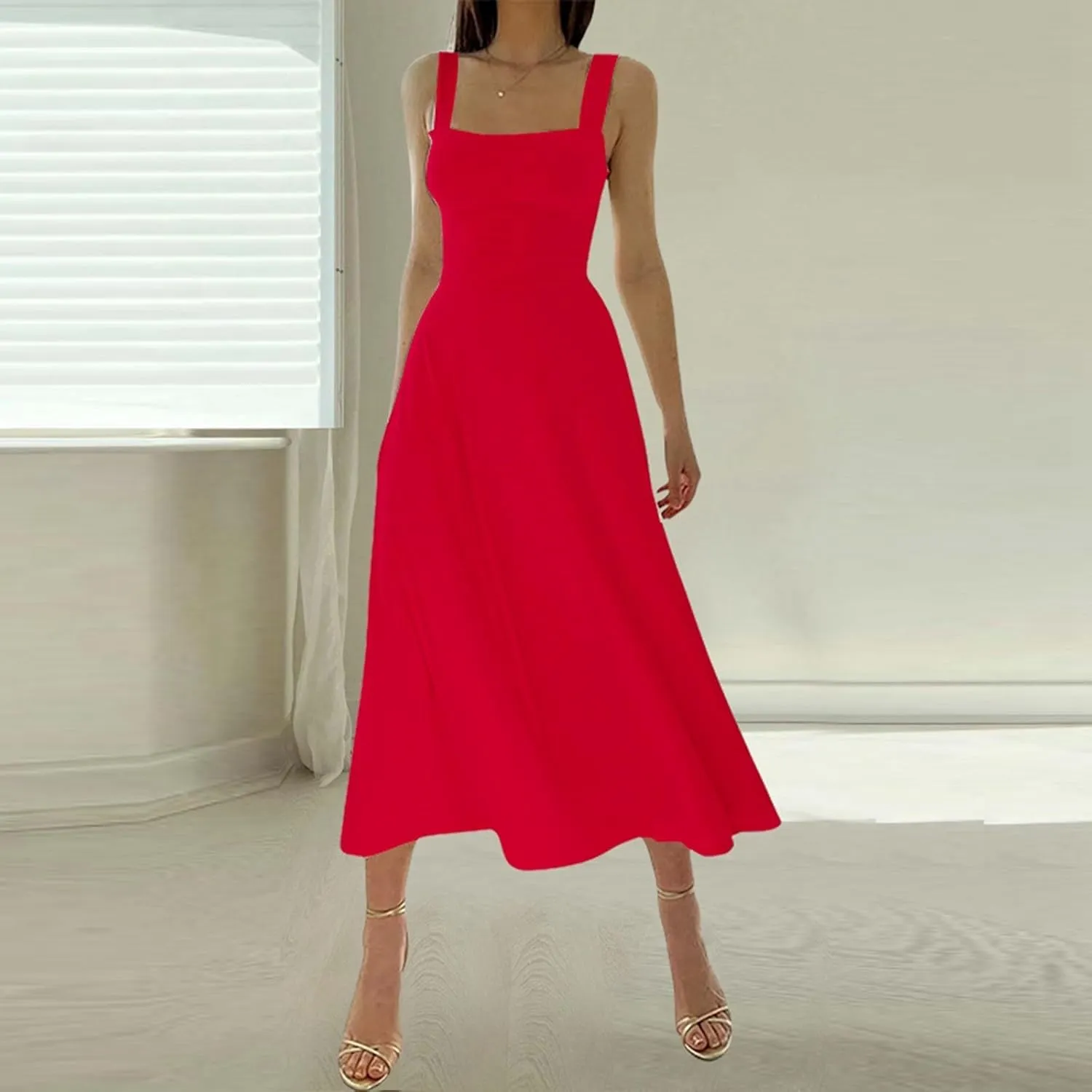 Spring Dresses for Women, Womens 2025 Trendy Casual Tank Dresses Square Neck Sleeveless Drawstring A Line Midi Sundress