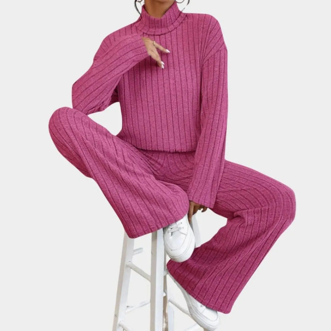 Spring Womens Knitted 2-Piece Tracksuit  Vintage Crop Top & Flare Pants Set, Hot Pink & Green, Stretch Fit