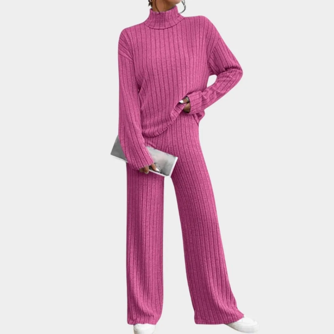 Spring Womens Knitted 2-Piece Tracksuit  Vintage Crop Top & Flare Pants Set, Hot Pink & Green, Stretch Fit