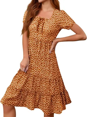 Square Neck Summer Dresses for Women 2025 Polka Dot Short Sleeve Midi Dresses Tiered Flowy Swing Boho Beach Sundress