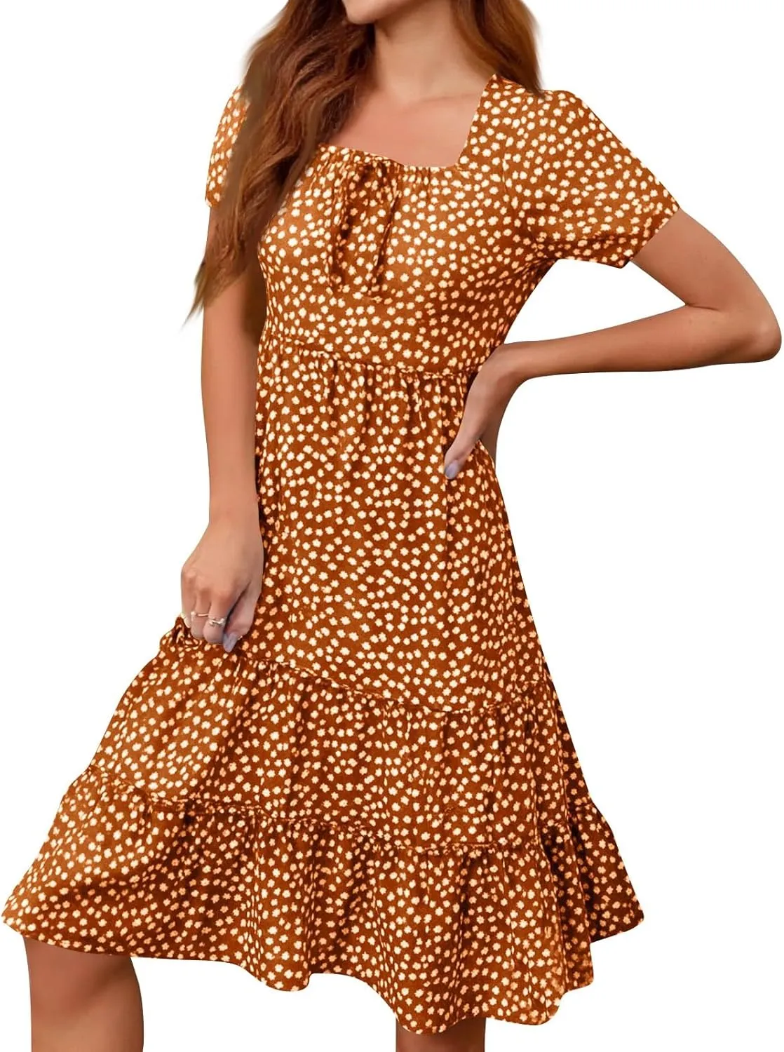 Square Neck Summer Dresses for Women 2025 Polka Dot Short Sleeve Midi Dresses Tiered Flowy Swing Boho Beach Sundress