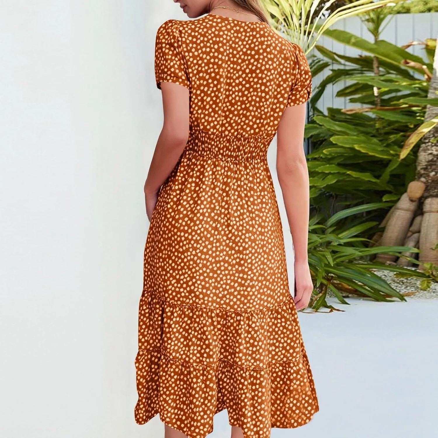 Square Neck Summer Dresses for Women 2025 Polka Dot Short Sleeve Midi Dresses Tiered Flowy Swing Boho Beach Sundress