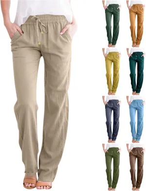 Straight Leg Linen Pants Women Summer Casual Lightweight Elastic High Waisted Wide Leg Pants Lounge Trouser Pants