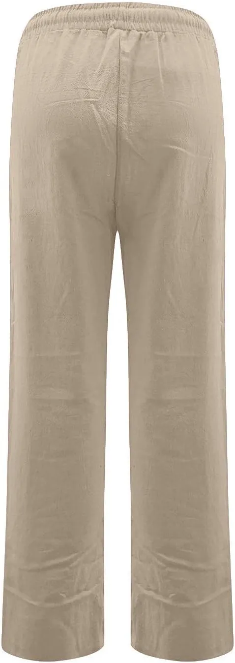 Straight Leg Linen Pants Women Summer Casual Lightweight Elastic High Waisted Wide Leg Pants Lounge Trouser Pants